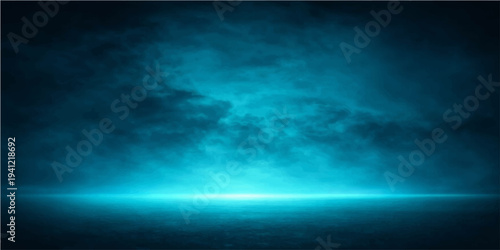 A dramatic nature background featuring a bright sun shining through white clouds in a blue sky above the dark stormy textures of a deep sea