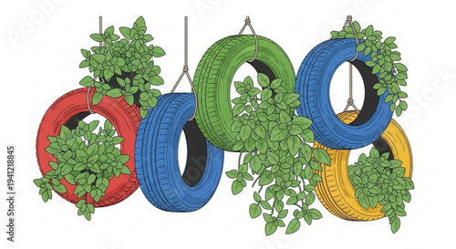 Colorful hanging tire planters with lush greenery on white background recycling concept