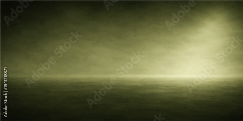 A bright light pierces through a green grunge background with rays and dark cloudy textures where smoke and mist meet a nature inspired backdrop of sky and sun