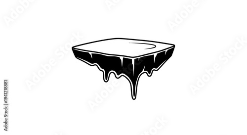 Abstract illustration of a square block melting with liquid drips below a clean surface