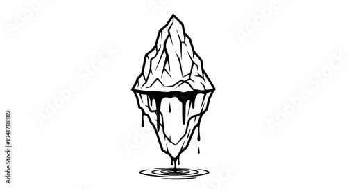 Monochromatic illustration of a dissolving crystalline peak with dark fluid streaming into liquid