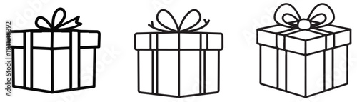 A simple line drawing of three gift boxes with ribbons