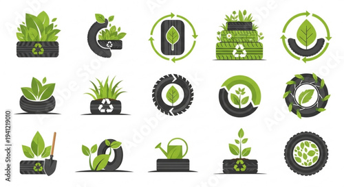 Eco friendly icons with plants and recycling symbols on black background
