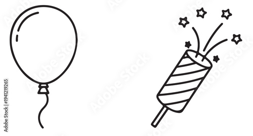 A festive illustration of a balloon and a popping party popper