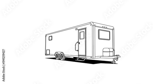 Detailed black and white line art illustration of a modern towable utility trailer or mobile home