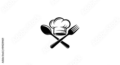 Classic culinary emblem featuring chef's toque with crossed dining utensils on a clean white