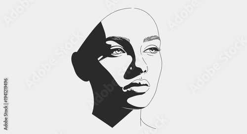 Striking minimalist portrait of a woman's face with dramatic light and shadow contrast creating an