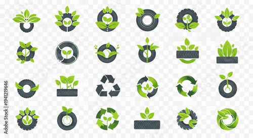Eco friendly icons set with green plants and recycling symbols on transparent background for sustainable concepts