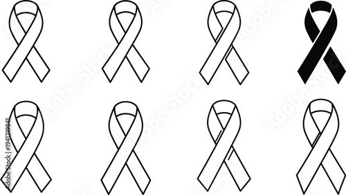 Set of minimalist awareness ribbon vector icons in outline and solid black styles for medical, charity, support, and mourning concepts.
