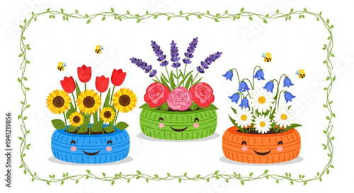 Colorful cartoon flowers in smiling painted tire planters with lavender tulips sunflowers daisies and bluebells on white background with green vines