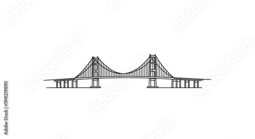 Suspension bridge architectural drawing, iconic engineering landmark, black and white sketch