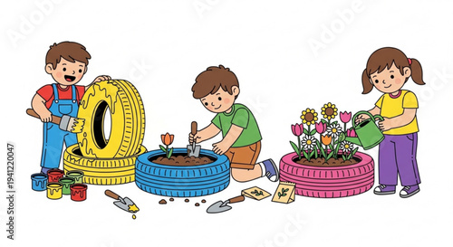Children creatively upcycle old tires into planters for gardening and decoration outdoors