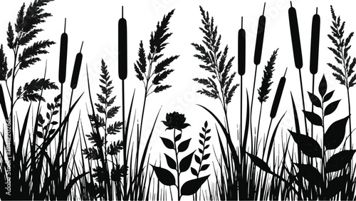 A collection of silhouettes of reeds and plants, including cattails and willows