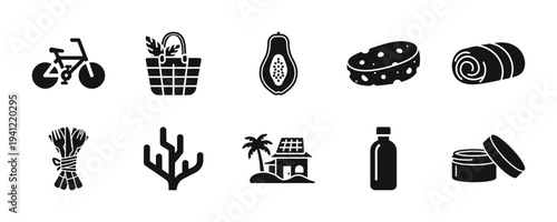 A collection of icons depicting various objects and symbols related to lifestyle and travel, presented in a grid layout from a straightforward viewpoint