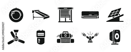 A collection of black icons representing various technology and machinery elements arranged neatly on a clean white background