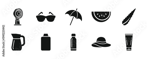 Collection of Summer Icons Featuring Umbrella, Sunglasses, and Refreshments in a Flat Design Style