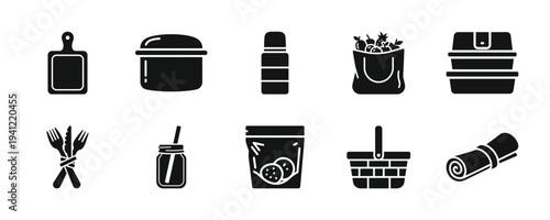 Collection of kitchen utensils and cooking icons displayed on a clean white background from a straightforward viewpoint