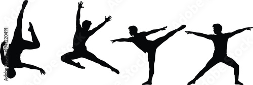 Male, dancer, silhouettes, jumping, dance, performance, movement, acrobatics, athletic, pose, art, fitness, vector, illustration, collection, dancer, action, motion, design, concept