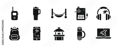 Collection of travel and leisure icons including devices, beverages, and activities displayed in a grid layout
