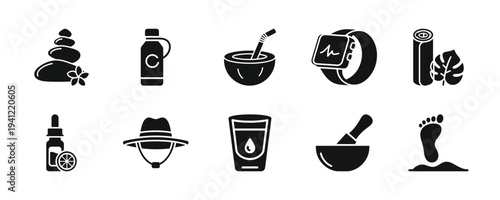 Spa and wellness icons set illustrating relaxation, self-care, and mindfulness practices in a simple, modern, and minimalist style.