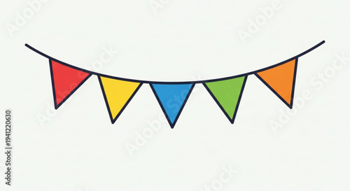 Colorful triangular bunting flags hanging on a string against a plain background for party decoration