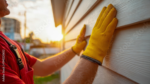 Builder checking new vinyl siding on a house at sunset