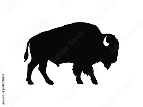 Silhouette of a large bison walking, bold black graphic icon on white background