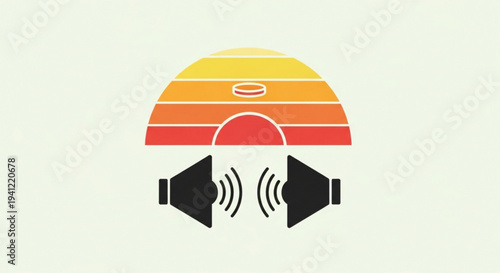 Sound waves emanating from speakers under a vibrant sunset with a white ring symbolizing audio and music