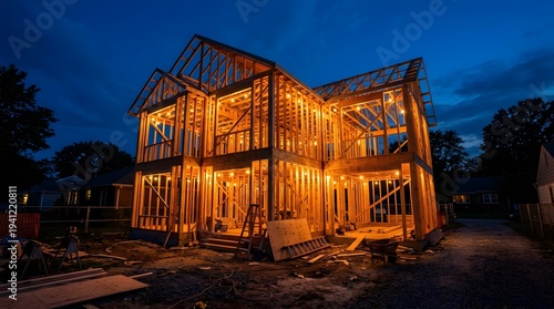 House under construction at dusk with framing illuminated at nighttime suburban setting viewpoint
