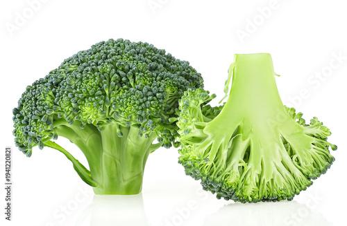 Fresh green broccoli cabbage isolated on a white background. Fresh florets, healthy food.