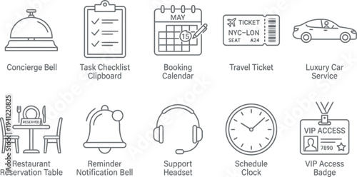 Set of hotel service icons, hospitality symbols, travel and customer support illustrations