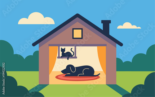 house in the woods, world animals day, Cute Pet House Illustration with Dog and Cat – Cozy Home Animal Cartoon Background