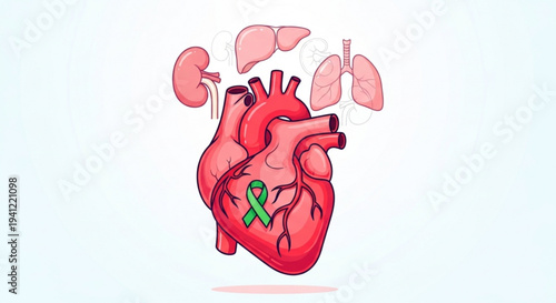 Human heart with green awareness ribbon and lungs symbolizing organ health and medical concepts