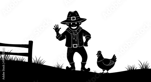 Silhouette Farmer Waving Hand Beside Chicken on Hillside with Fence