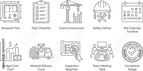 Construction Project Management Icons, Blueprint Plan, Task Checklist, Safety Helmet