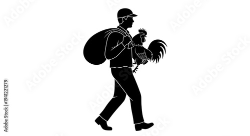 Silhouette of a man carrying a rooster and a sack, walking against a white background