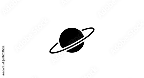 Simple Black Icon of a Ringed Planet on White Background