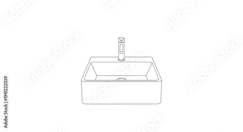 Modern Square Bathroom Sink with Sleek Faucet - Clean Line Art Illustration
