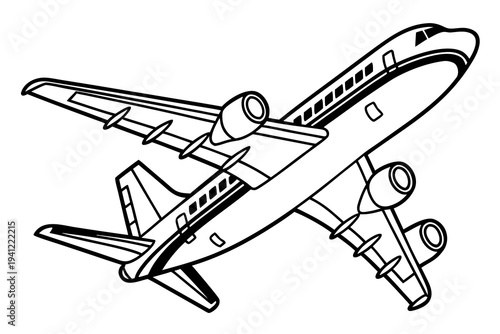 Airplane Coloring Book Page Vector Illustration – Black White Bold Line Art, Printable A4, SVG Style, Isolated on White Background