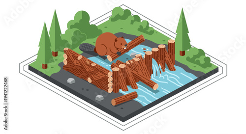 Isometric illustration of a busy beaver constructing a dam across a flowing river in a lush forest environment with trees and green grass.