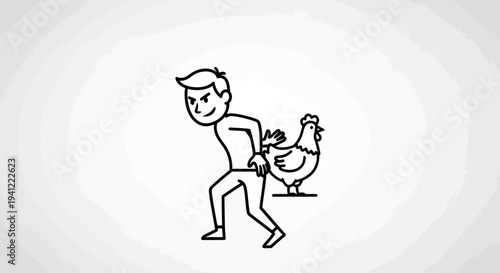 Man Pranking Chicken: Funny Cartoon Style Illustration of a Person Tickling a Chicken's Rear