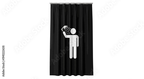 Man showering behind black curtain, hygiene concept, clean body, personal care, bathroom icon