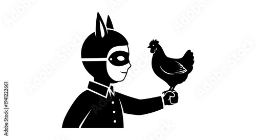 Masked Kid in Bat Costume Holding a Chicken, Funny Superhero Concept