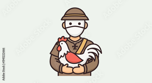 Medieval Farmer Holding Chicken Wearing Face Mask, Pandemic Protection Concept