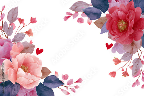 Watercolor pink peony flowers bouquet with hearts for Valentine's Day romantic invitation card
