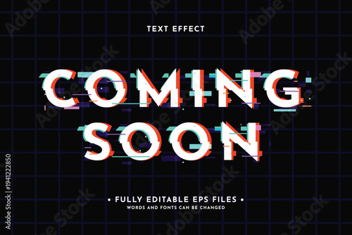 Glitch word text effect with editable text style, coming soon in luxury shine