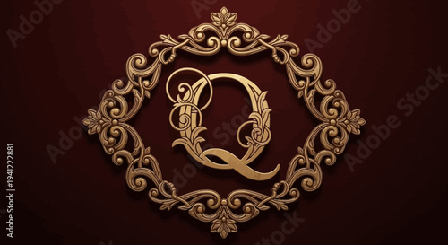 Golden letter Q in an ornate baroque frame on a luxurious dark red background, elegant royal vintage design.