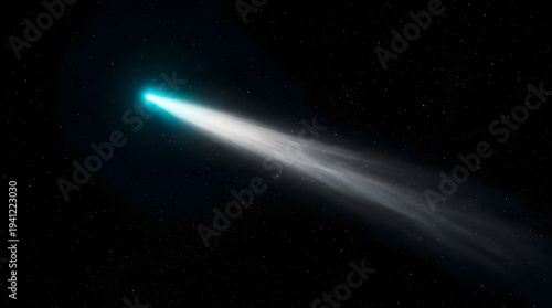 A comet streaks across the dark night sky, a celestial spectacle from a distant viewpoint.