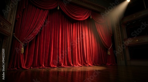 A grand red curtain on a dark stage with a spotlight shining down