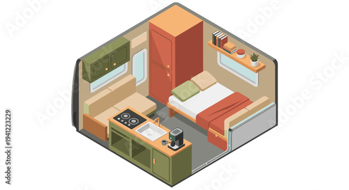 Isometric illustration showcasing a compact and efficiently designed interior of a modern camper van or tiny home, featuring a bedroom, kitchen, and living area.